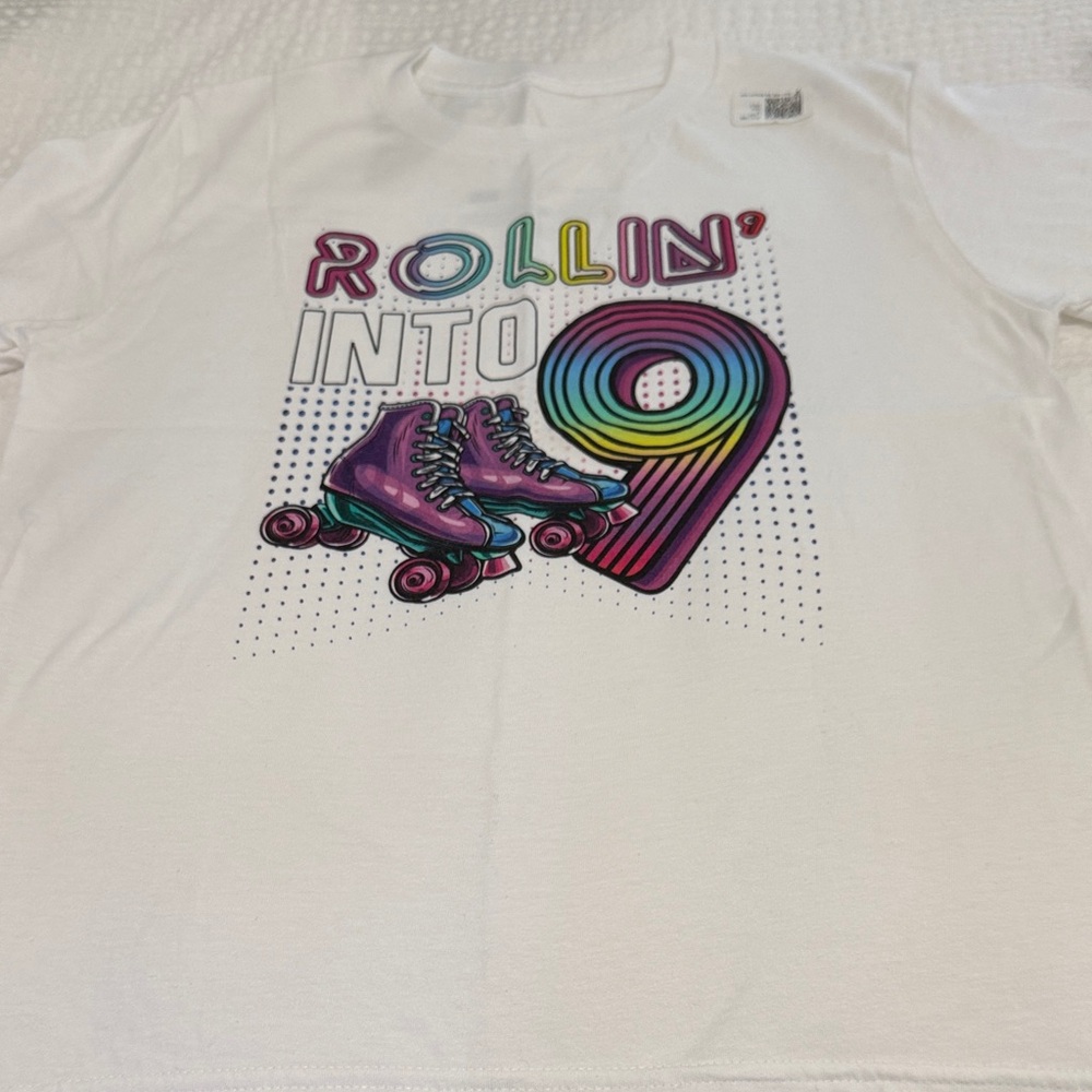 Girls 9 White T-Shirt with Colorful Roller Skate Design